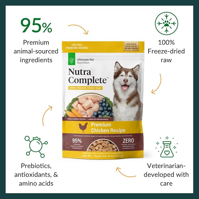 ULTIMATE PET NUTRITION Nutra Complete, 100% Freeze Dried Veterinarian Formulated Raw Dog Food with Antioxidants Prebiotics and Amino Acids, (1 Pound (Pack of 4), Chicken)