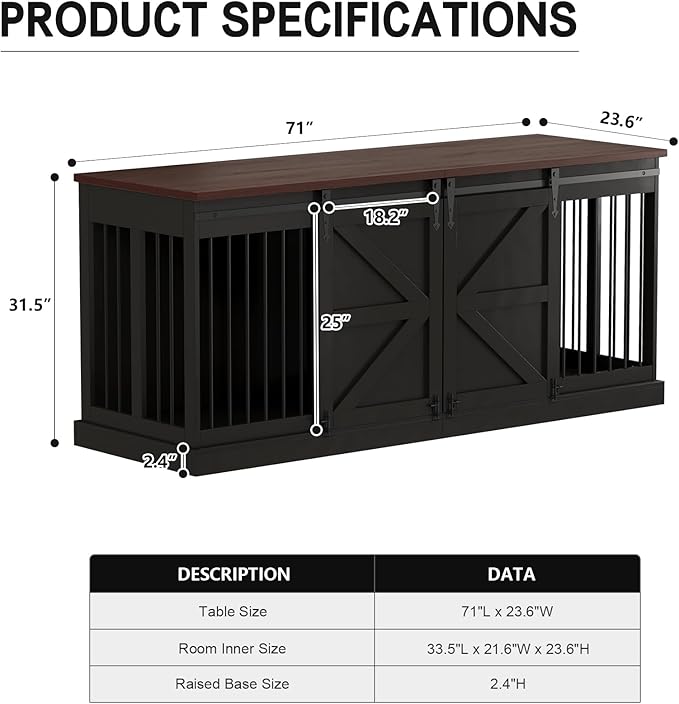 Dog Crate Furniture - Indoor Wooden Dog Kennel Furniture with Room Divider and Double Sliding Barn Doors - 71”x23.6”x31.5”H, Black