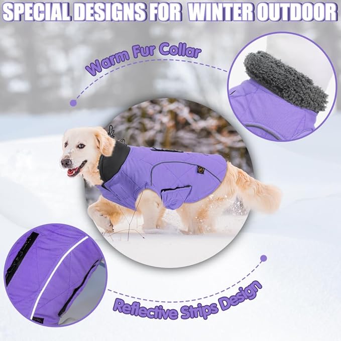 EMUST Dog Winter Coats, Windproof Dog Jackets for Cold Weather with Lofty Collar, Reflective Puppy Clothes for Small Dogs Clothes, Purple, S