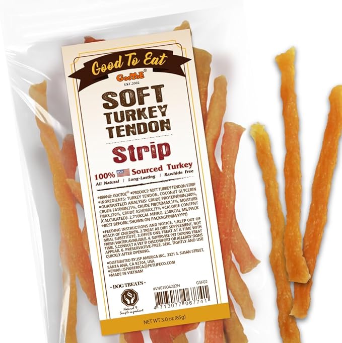 Gootoe Soft Turkey Tendon Stirip 3oz, Natural Chewy Snack, USA-Sourced Turkey Tendon, Premium Training Chews, Hypoallergenic, Reseal Value Bags, Ideal for Small & Senior Dogs
