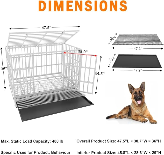 48/42/38 inch Heavy Duty Indestructible and Escape-Proof Dog Crate Cage Kennel for Large Dogs, High Anxiety Dog Crate with Removable Wire Trays and Wheels, Extra Large XL XXL