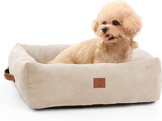 25In Dog Bed for Small Medium Sized Dogs - Washable Rectangle Puppy Bed for Indoor, Cozy Pet Bed with Support Pillow & Non-Slip Bottom(Beige, Medium)