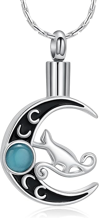 constantlife Cat Moon Urn Necklace for Women Pet Cremation Jewelry for Ashes Stainless Steel Pendant Funeral Keepsake Loved Ones Memorial Gift