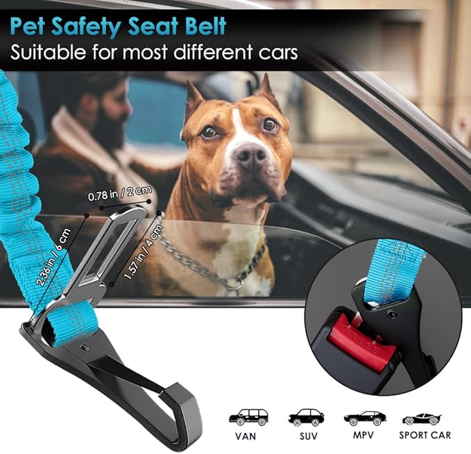 SlowTon Dog Seat Belt, Adjustable Dog Safety Belt Leash, 2 in 1 Latch Bar Attachment Dogs Car Seatbelt with Elastic Nylon Bungee Buffer, Reflective Nylon Belt Tether (TB,35.5in)