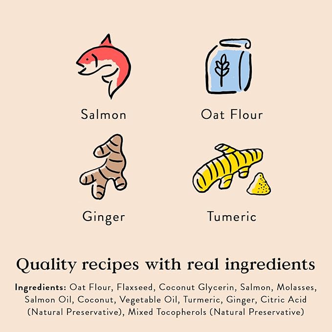 Bocce's Bakery Dailies Good Hair Dog Treats for Skin & Coat Support, Wheat-Free Dog Treats, Made with Real Ingredients, Baked in The USA, All-Natural Soft & Chewy, Salmon Recipe, 6 oz