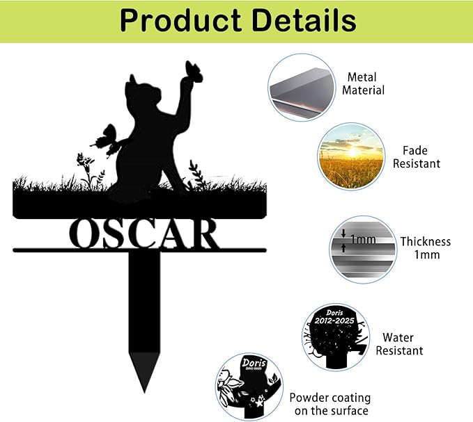 Custom Cat Grave Marker Cat Burial Stake, Personalized Butterfly Flowers Cat Memorial Garden Stake, Metal Cat Memorial Plaque for Outdoors, Customized Pet Headstone