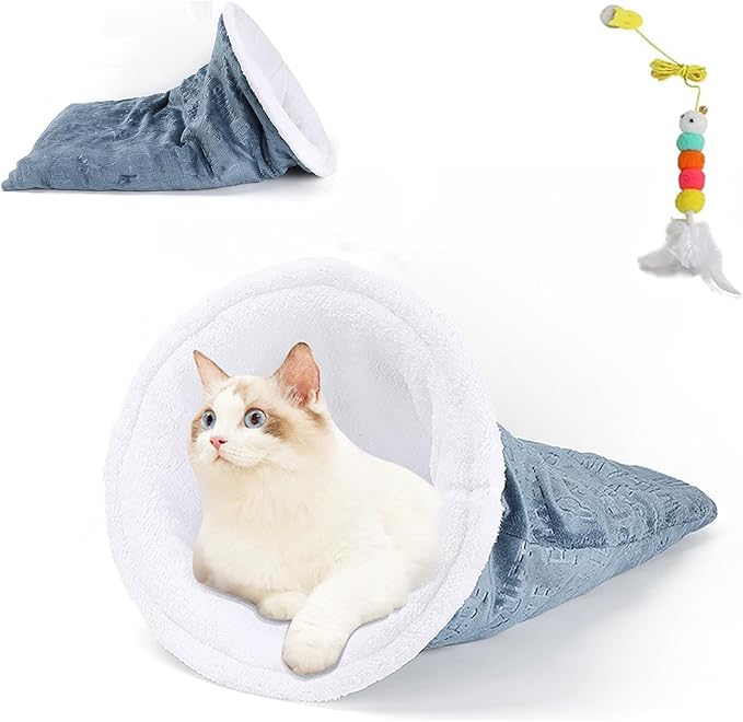 Cozy Cat Winter Sleeping Bag - Self-Warming 360 Wrap Cave Bed, Soft Plush Large Sack for Indoor Cats (B)