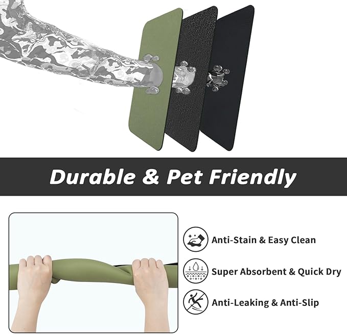Pet Feeding Mat - Absorbent Dog Mat for Food and Water, No Stains Cat Bowl Mat, Easy to Clean Pet Placemats, Quick Dry Dog Water Dispenser Mat for Messy Drinkers | Green 18"x 28"