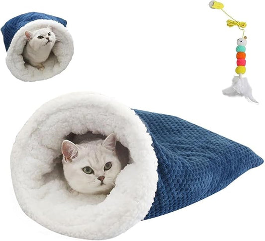 Cat Sleeping Bag for Indoor Cats - Cozy Winter Bed Cave, Warm and Soft Fluffy Washable Blanket (A)