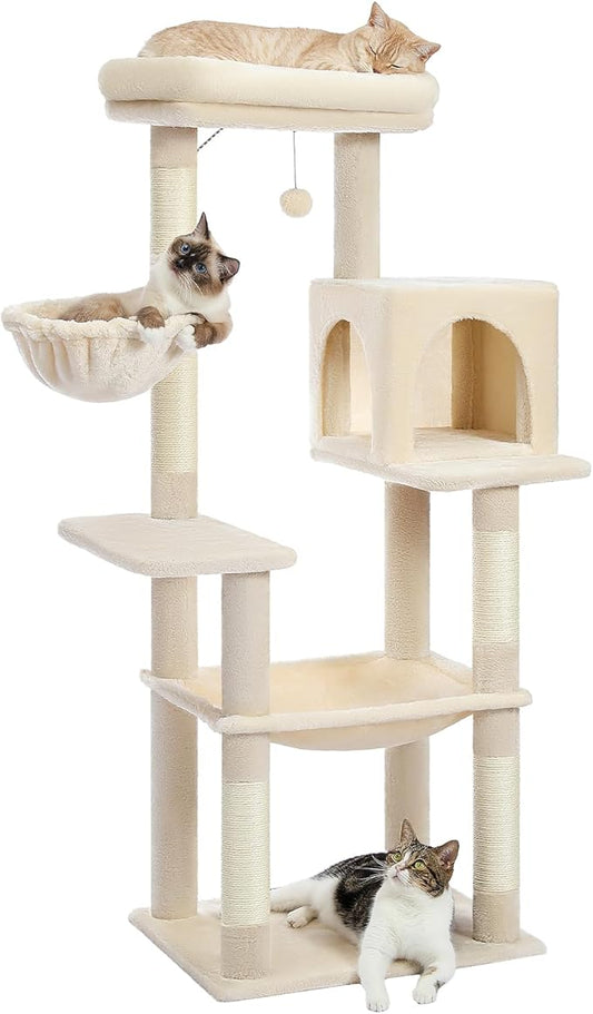 PAWZ Road Cat Tree, 56 Inches Tower Condo with Large Top Perch & Hammock, Cat Tower with Scratching Posts for Indoor Cats，Beige
