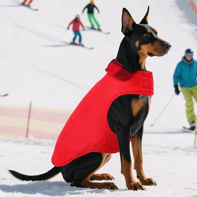 ASENKU Dog Winter Coat, Fleece Doggie Jacket Plaid Reversible Vest Waterproof Windproof Cold Weather Clothes for Small Medium Large Dogs(Red 2XL)