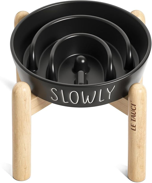 Ceramic Slow Feeder Dog Bowls Elevated, 3 Cups Raised Dog Bowl with Wooden Stand for Medium Large Breed to Slow Down Eating, Puzzle Food Bowl,Black