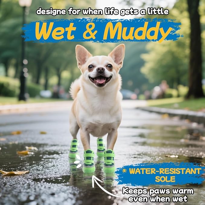 Dog Shoes for Small Dogs, Breathable Dog Boots Paw Protector for Hot Pavement Winter Snow, Dog Booties with Reflective Strips Rugged Anti-Slip Sole for Hardwood Floors Outdoor Walking Green Size 1