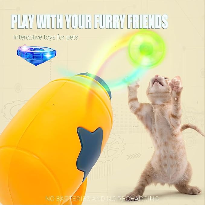 Cat Fetch Toys, Interactive Flying Cat Toy with 5 Flying Propellers,1Spinning Tops, Cat Dog Pet Tracks Chasing Toy for IndoorCats (Yellow)