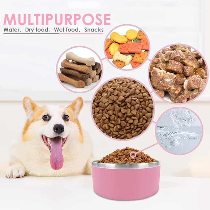 IKITCHEN Dog Bowl for Food and Water, 64 Oz Stainless Steel Pet Feeding Bowl, Durable Non-Skid Double Wall Insulated Heavy Duty with Rubber Bottom for Medium Large Dogs (64 Ounces/8 Cup, Pink)