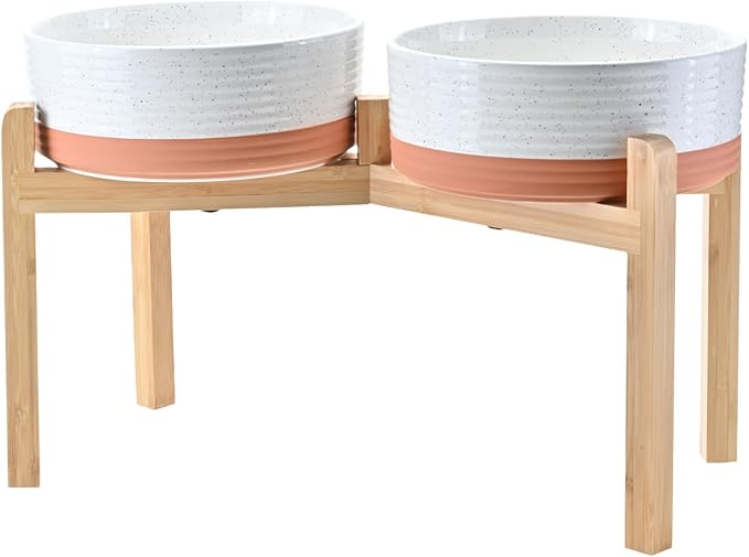 SPUNKYJUNKY Elevated Dog Bowls Ceramic, 8.3'' Dogs Food Water Bowls Raised with Non-Slip Bamboo Stand for Large Sized Breed Microwave Dishwasher Safe - 60 OZ,Pattern White