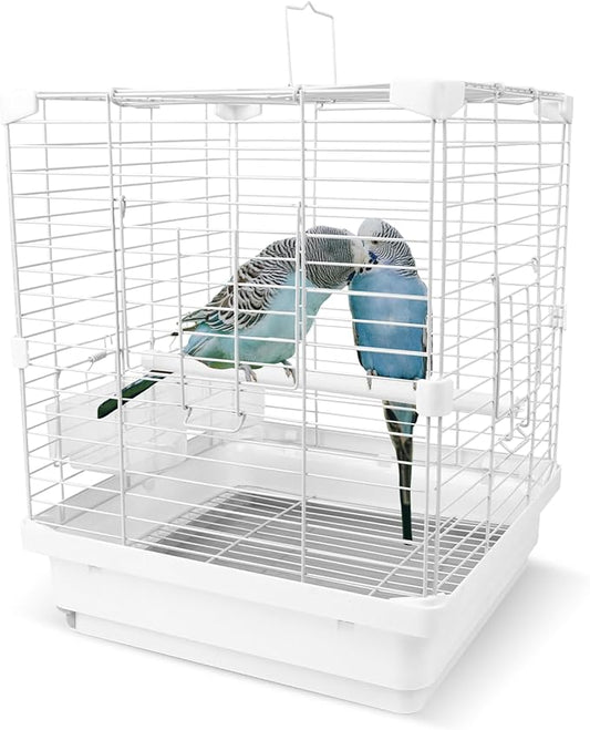 Small Bird Cage for Parakeets, Budgies & Canaries and More Small Birds - Lightweight Travel Birdcage & Bird Carrier with Handle, Stand, Removable Tray, Portable for Hanging, Outdoor Use, White