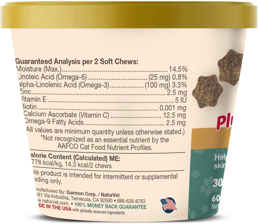 NaturVet – Skin & Coat Plus Omegas for Cats – 60 Soft Chews | Supports Healthy Skin & Glossy Coat | Enhanced with Omega-3, Omega-6 & Biotin | 30 Day Supply