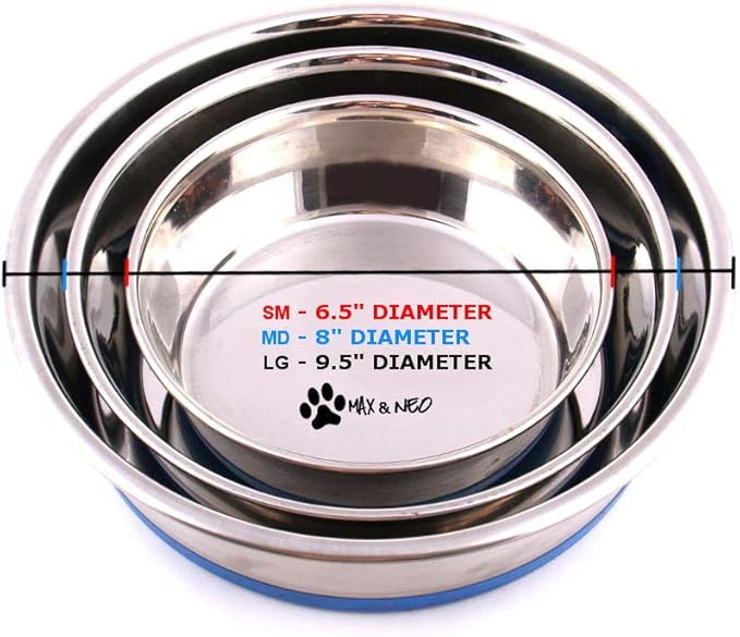 Heavy Non-Skid Stainless Steel Dog Bowls Pack by Max and Neo
