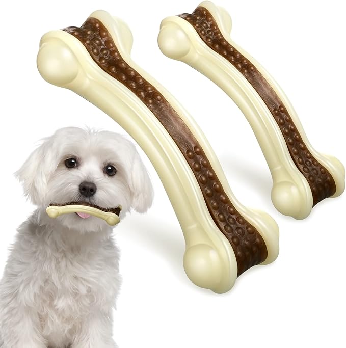 Sosation Bones Shaped Dog Toys for Aggressive Chewers, 2 Pack Dog Chew Toys Puppy Teething Nylon Beef Flavor for Large/Medium/Small Puppies Breeds(Curved Bone,Medium, Small)