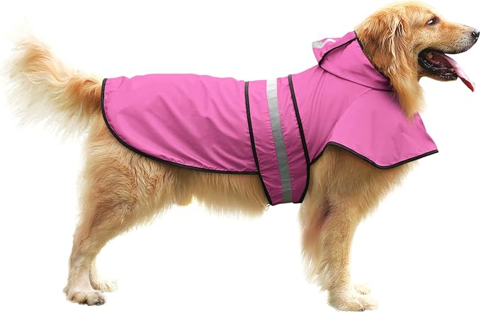 HDE Dog Raincoat Jacket Reflective Adjustable Hooded Pet Poncho Rain Coat with Leash Hole for Small to X-Large Dogs Pink - L