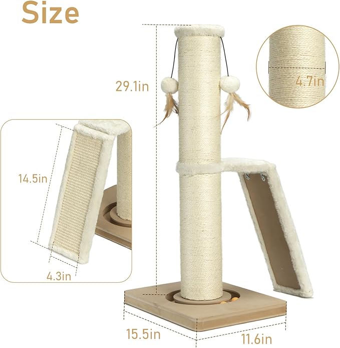 PEEKAB Cat Scratching Post,31" Tall Sisal Scratch Posts with Vertical Scratching Board for Cats and Kittens,with Track Ball and Hanging Feather Ball Toys,Beige
