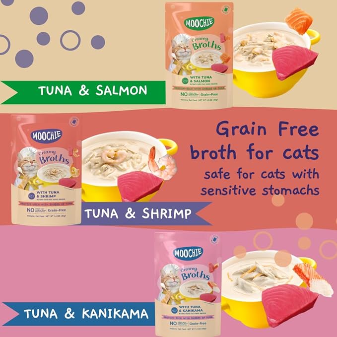 MOOCHIE Grain Free Creamy Seafood Multipack Cat Broth - Real Salmon, Shrimp, Kanikama - No Artificial Flavors or Preservatives - 16 x 1.4 oz Pouch