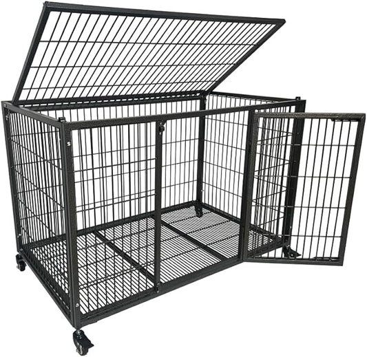 37 inch Heavy Duty Wire Dog Crate Cage Kennel for Large Dogs, High Anxiety Dog Crate with Removable Wire Trays and Wheels, Extra Large XL XXL
