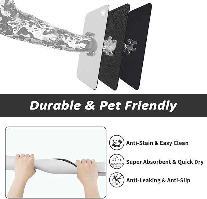 Pet Feeding Mat - Absorbent Dog Mat for Food and Water, No Stains Cat Bowl Mat, Easy to Clean Pet Placemats, Quick Dry Dog Water Dispenser Mat for Messy Drinkers | Paw Light Grey 18"x 28"
