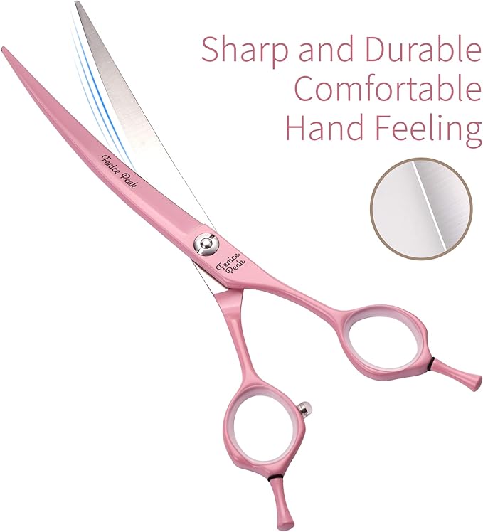 Fenice Peak Curved Dog Grooming Scissors with Pink Color Coating 440C Stainless Steel Pet Grooming Bending Shears Sharp and Durable Comfortable Engonomic Handle