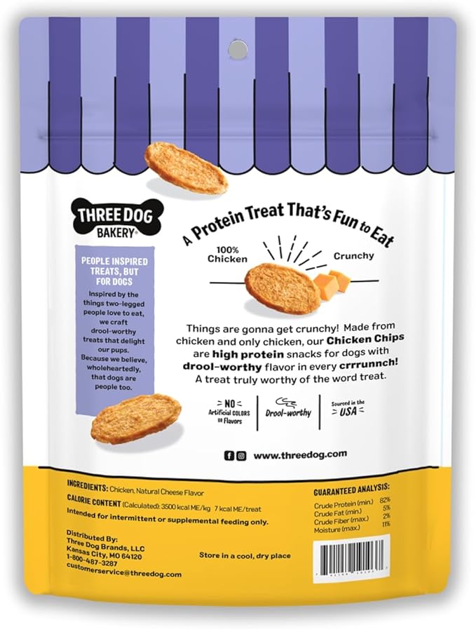 Three Dog Bakery Bark’N Crunch! Chicken Chips, Small 4oz, Cheese Flavor, Crunchy Dog Treats, Two Ingredients, High Protein Snacks, Chicken Treats, Low Calorie Healthy Training Treat, Made in USA