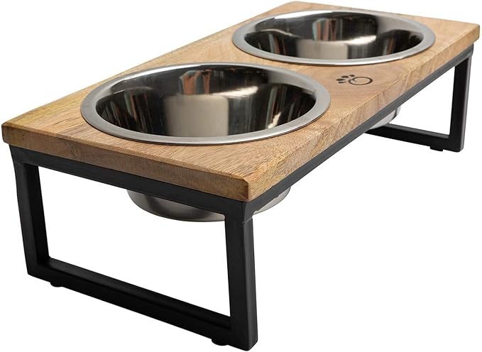 Mango Wood Dog Bowl Stand - Elevated Pet Feeder with 2 Stainless Steel Bowls - Raised Food and Water Dish Set for Dogs and Cats, Available in 4 Sizes, Pet Dining Station, Small/10oz