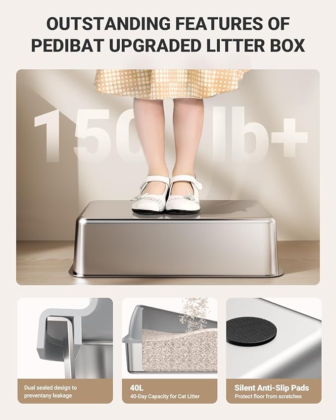 Stainless Steel Cat Litter Box with Scoop, Metal Litter Box High Sided, Cat Litter Box Enclosure, XL Extra Large High-Sided Litter Boxs (Anti-Urine Leakage, Include Scoop) (Grey)