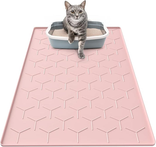 Silicone Cat Litter Trapping Mat, Large Waterproof 34" X 22" Cat Litter Box Mat, Easy to Clean, Pink