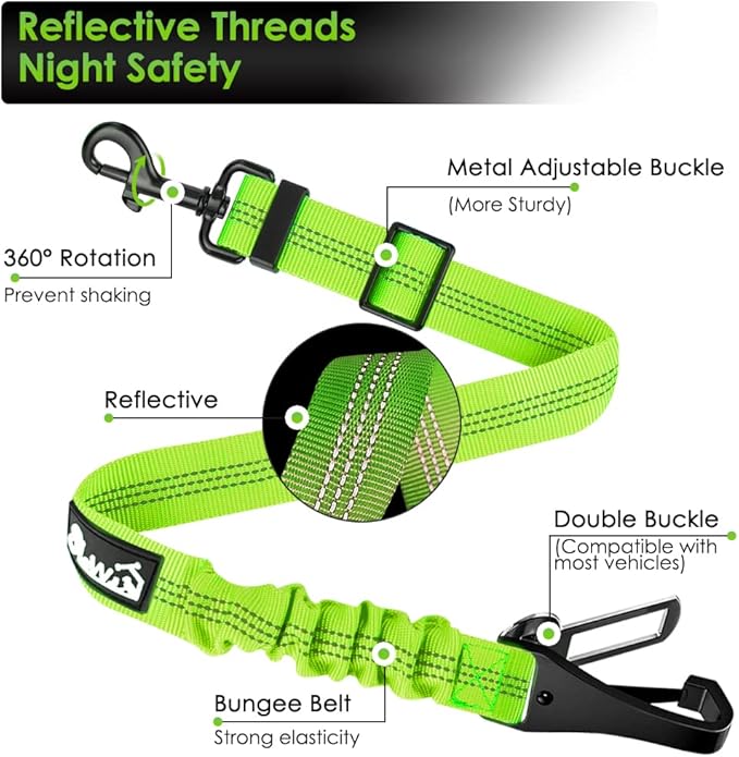 SlowTon Dog Seat Belt, Adjustable Dog Safety Belt Leash, 2 in 1 Latch Bar Attachment Dog Car Seatbelt with Elastic Nylon Bungee Buffer, Reflective Nylon Belt Tether (Lime)