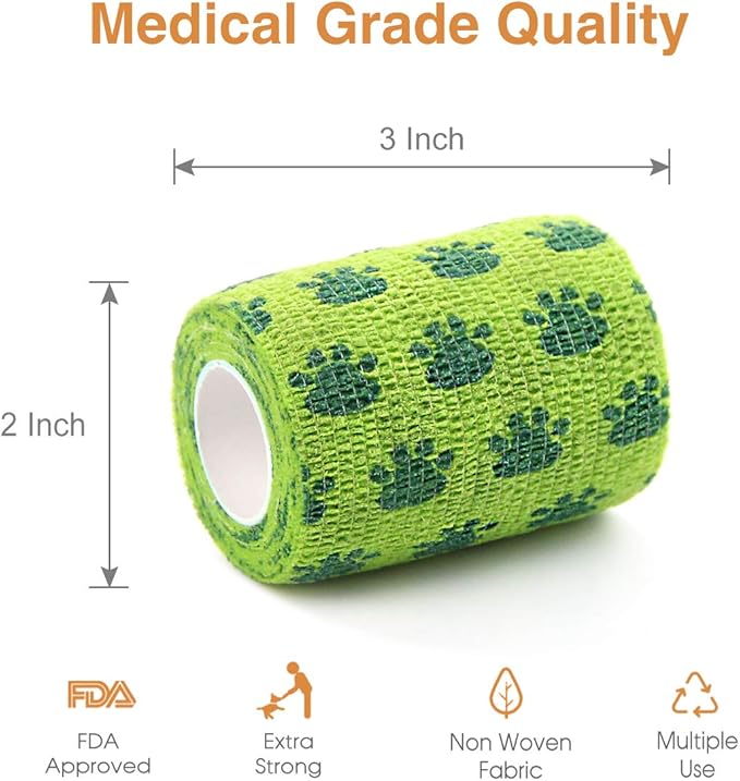 AUPCON Vet Wrap Cohesive Bandages Bulk Self Adhesive Bandage Wrap Self Adherent Wrap Non-Woven for Dogs Pet Animals & Ankle Sprains & Swelling 2 Inch x 5 Yards (3 Inch Print Claw)