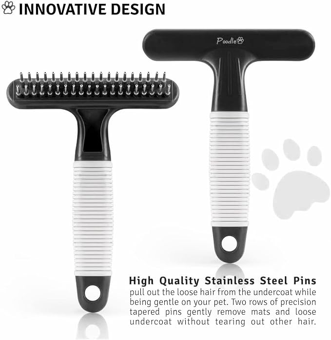 POODLIE Poodle Pet Dog Grooming Rake | Dematting Tool with Stainless Steel Shedding Comb for Pets | 2 Rows of Pins Gently Remove Loose or Tangled Hair from Undercoat (Black)