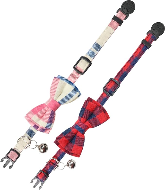 Joytale Upgraded Cat Collar with Bells, Breakaway Cat Collars with Bow Tie, 2 Pack Girl Boy Safety Plaid Kitten Collars, Pink+Red