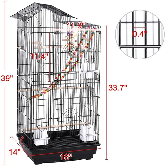 Yaheetech 39-inch Roof Top Large Flight Parrot Bird Cage for Small Quaker Parrot Cockatiel Sun Parakeet Green Cheek Conure Budgie Finch Lovebird Canary Pet Bird Cage w/Toys
