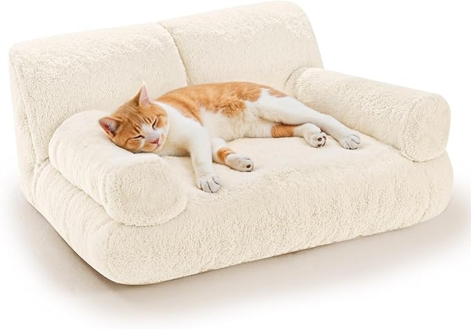 Gimars Upgrade Large Cat Bed for Indoor Cats -Added 10% More Stuff Sponge, Orthopedic Pet Couch Beds with Bolstered Edges, Fluffy Washable & Removable Cover, Anti Slip Base, White
