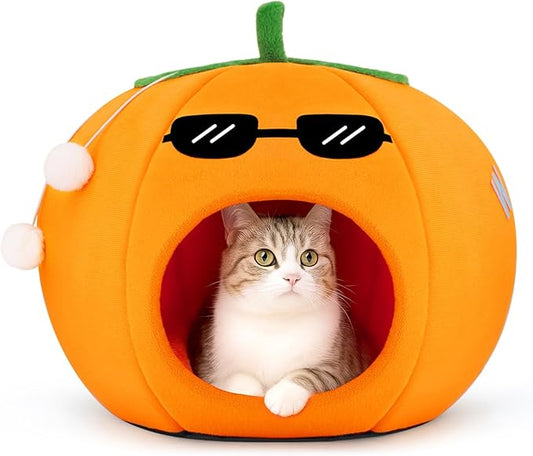Cute Cat Beds for Indoor Cats, Small Dog Beds, Soft Washable Pet Beds for Kitten and Puppy, Funny Orange Cat Cave, 19 Inches