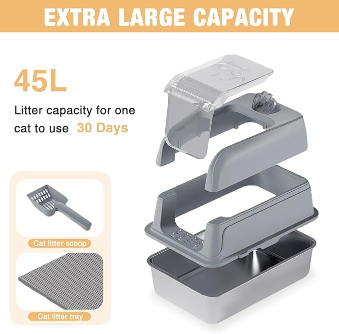Stainless Steel Cat Litter Box Fully Enclosed, Extra Large Metal High Sided Cat Box with 120° Fully Transparent See-Through Flip Lid, Scoop & Mat - Grey - XL