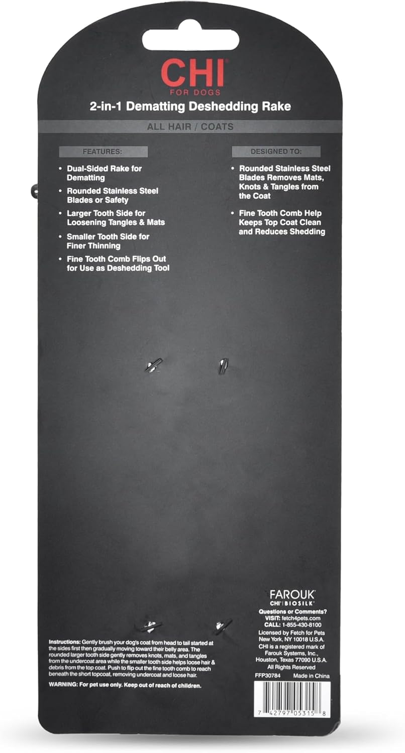 CHI for Dogs 2-in-1 Dematting and Deshedding Rake - Dual-Head Grooming Tool for Mats and Knots - Flip-Out Fine Rake for Smoothing Coats - Large Blade for Thick Fur - Dog Detangler Comb