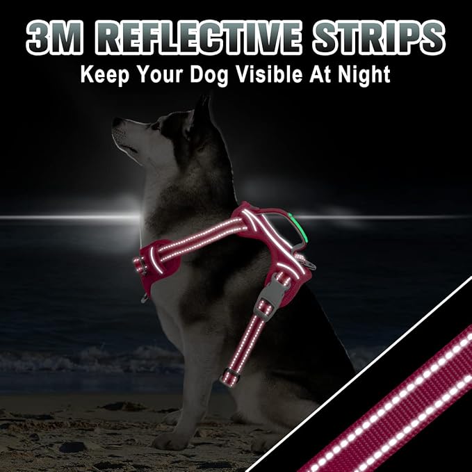 BARKBAY No Pull Dog Harness Large Reflective Dog Harness with Front Clip and Easy Control Handle for Walking Training Running with ID tag Pocket(Pink,M)
