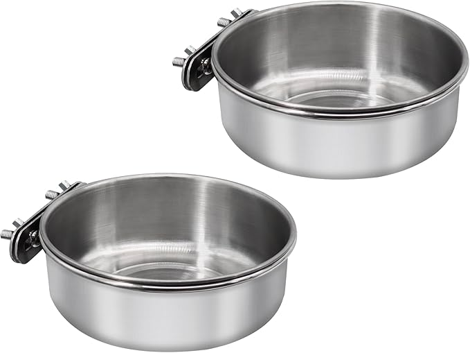 2 Pcs Medium Bird Feeding Dish Cups,Parrot Food Bowl Cage with Clamp Holder Stainless Steel,Birdcage Coop Water Feeder for Cockatiel Parakeet Macaw Finches Lovebirds Small Animals (2 Pack, M)