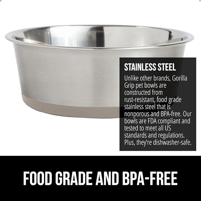GORILLA GRIP Set of 2 Dog Bowls, Holds 8 Cups (64 fl oz), Heavy Duty Metal Food and Water Bowl for Feeding Dogs and Cats, Dishwasher Safe, Rust Resistant Stainless Steel, BPA Free Rubber Base, Beige