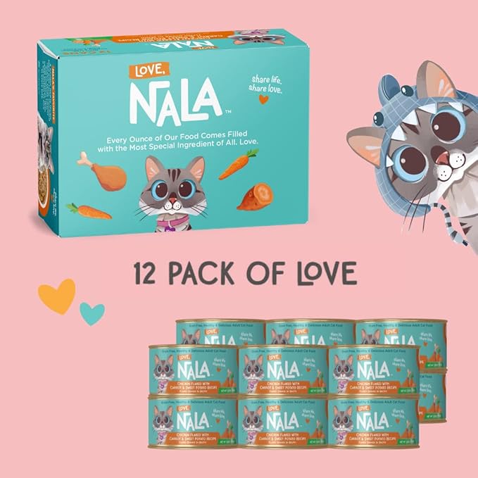 LOVE, NALA - Natural Adult Cat Wet Food - FLAKED Chicken with Carrot & Sweet Potato in Broth - Grain Free, Non-GMO, Lean Protein, Digestive Fiber Blend, Added Minerals & Vitamins - 12 Pack, 2.4 lbs.