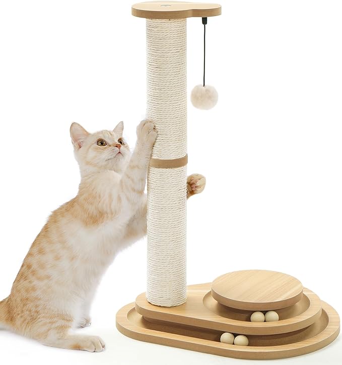 Made4Pets Cat Scratching Post Cat Scratcher Kitten Toys for Indoor Cats Wooden Ball Track Two-Layer Modern Sisal 23.4" Tall Scratch Post Interactive Toy with Dangling Ball Middle Size