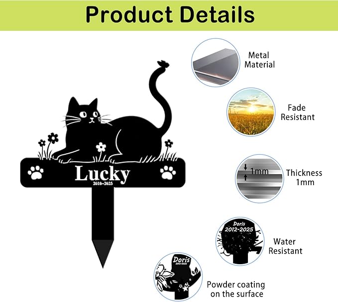 Custom Cat Grave Marker Cat Burial Stake, Personalized Butterfly Flowers Cat Memorial Garden Stake, Metal Cat Memorial Plaque for Outdoors, Customized Pet Headstone