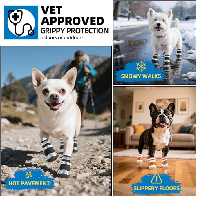 Dog Shoes for Small Dogs, Breathable Dog Boots Paw Protector for Hot Pavement Winter Snow, Dog Booties with Reflective Strips Rugged Anti-Slip Sole for Hardwood Floors Outdoor Silver Black Size 1